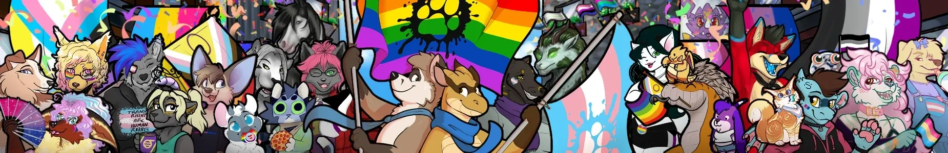 A crowd of furry and scaly characters celebrating together with pride and Fur Affinity flags